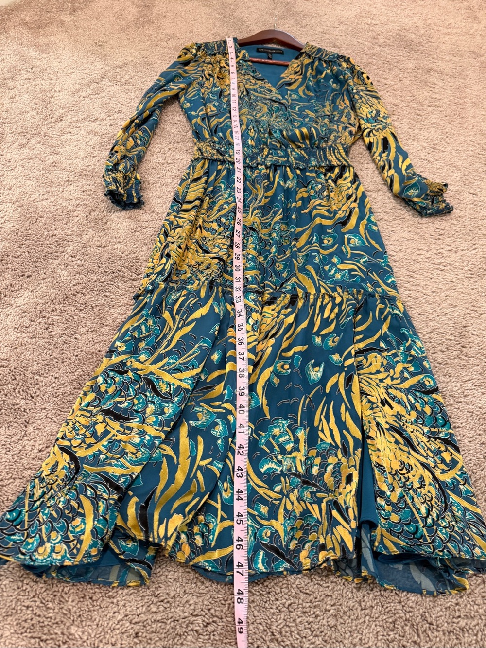 White House Black Market Teal and Gold Long Sleeve Midi Dress - Picture 12 of 14